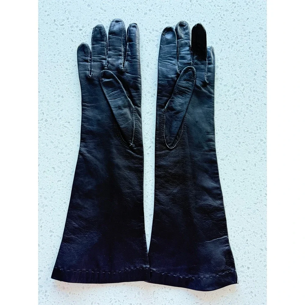 Unique Vintage Black Leather Opera Length Hollywood Glamour Gloves‎